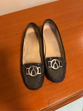 Michael Kors Black Leather Moccasin Loafers with Silver Logo Accent